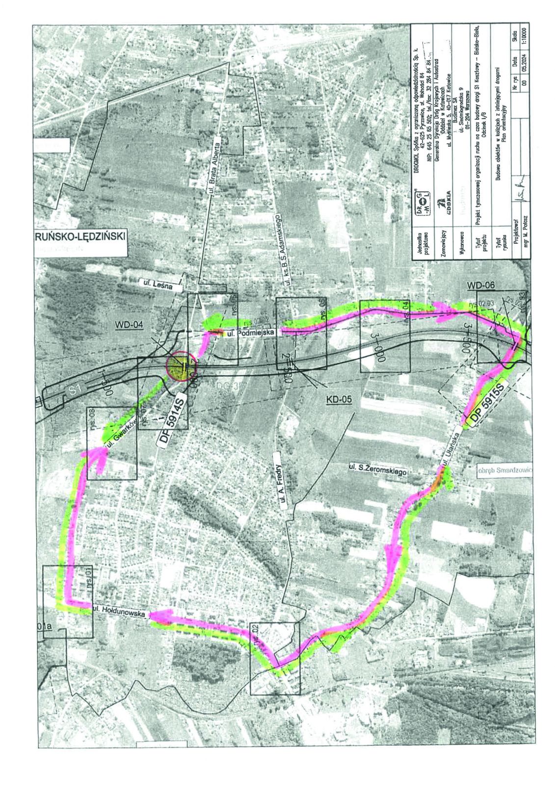 Czarno-biała mapa z zaznaczoną na różowo i zielono trasą objazdu. Objazd do ulicy Gwarków wyznaczony został drogami powiatowymi: ulicą Hołdunowską, ulicą Ułańską w Lędzinach i ulicą Podmiejską  w Imielinie.